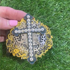 Western Tooled Leather Cuff Bracelet Rhinestone Cross Gold Boho Adjustable